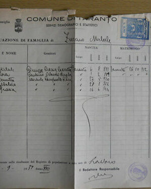 Stato di famiglia comune di Taranto 1939 con bolli