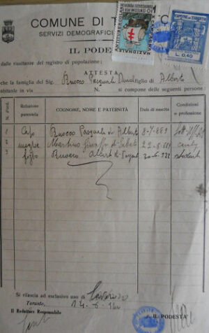 Stato di famiglia comune di Taranto 1940 con bolli