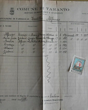 Stato di famiglia comune di Taranto 1940 con bolli