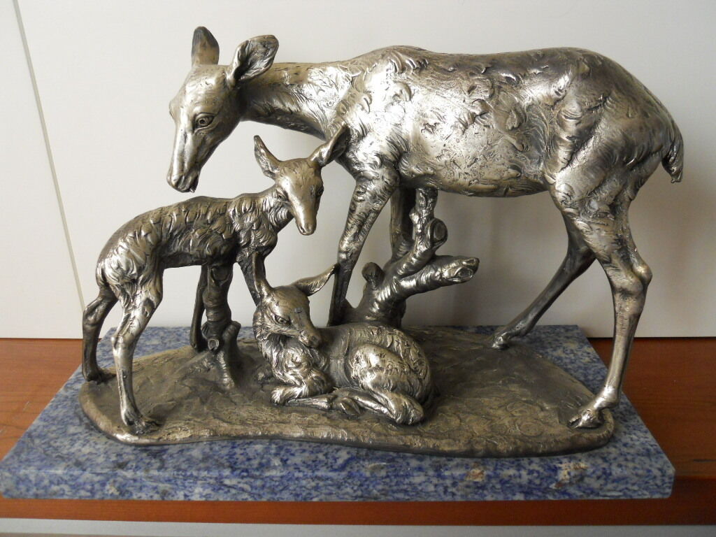Statua in argento 925 Gr.205 - Cervi con cuccioli -  su base in marmo