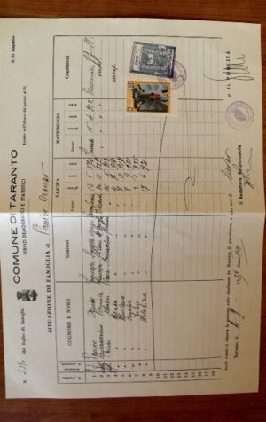Stato di Famiglia Comune di Taranto 1939 con 2 marche da bollo [AF-26]