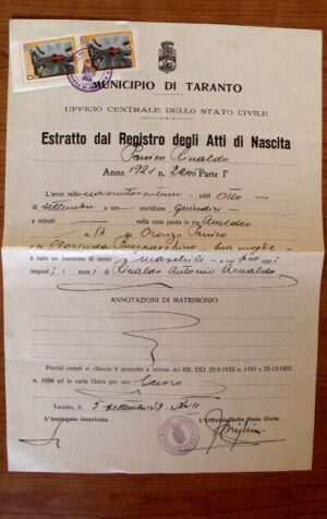 Estratto atto Nascita Comune di Taranto 1939 con 2 marche da bollo [AF-26]